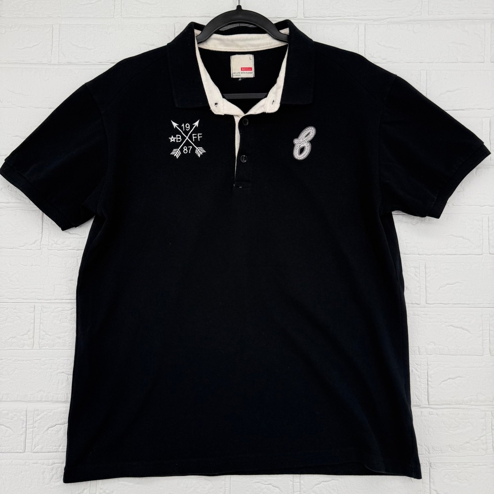 VTG Y2K Bench Black Embroidered Rugby Collar Polo Shirt Block Core Streetwear